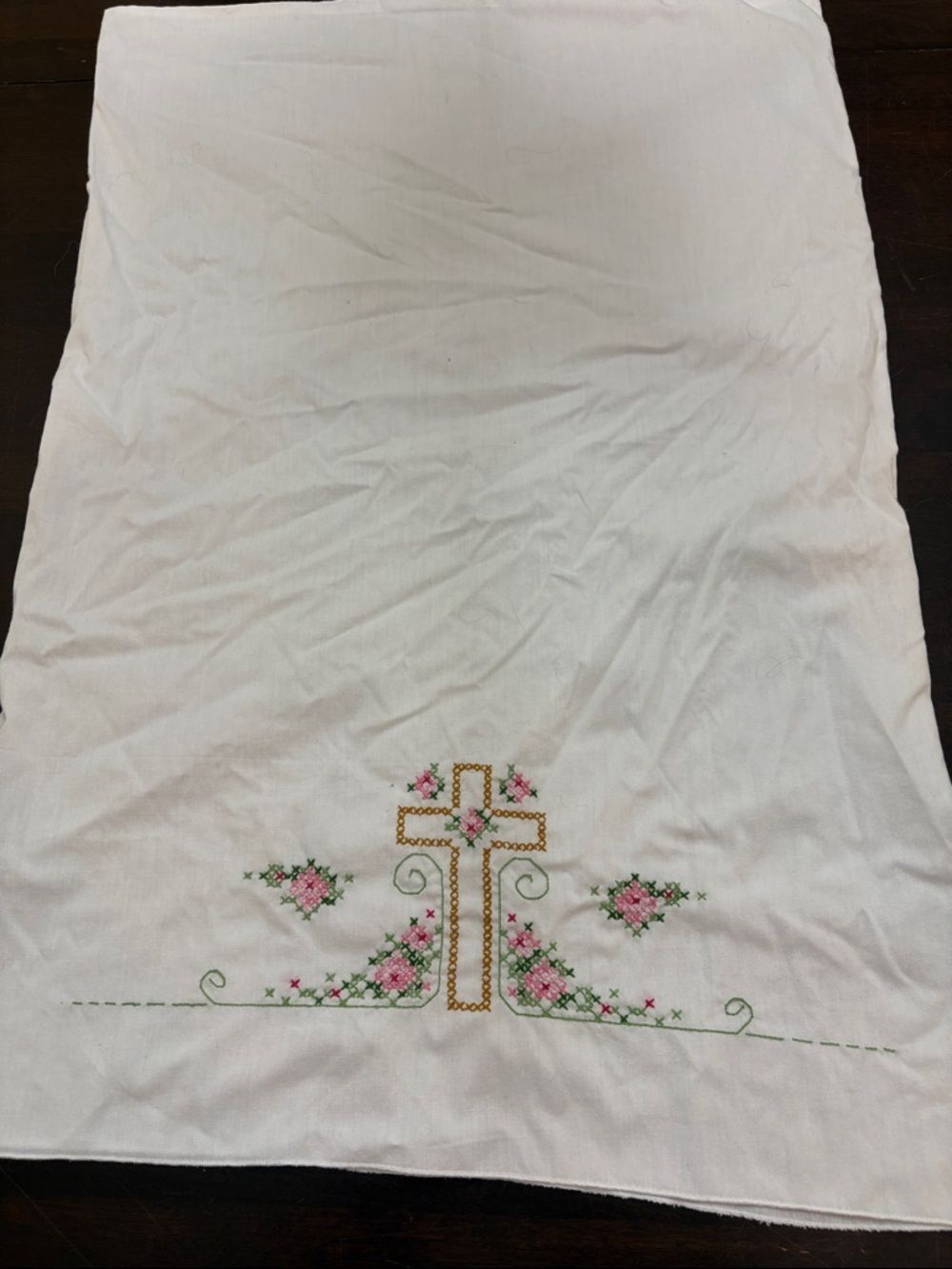 White cross stitched Cross pillowcase